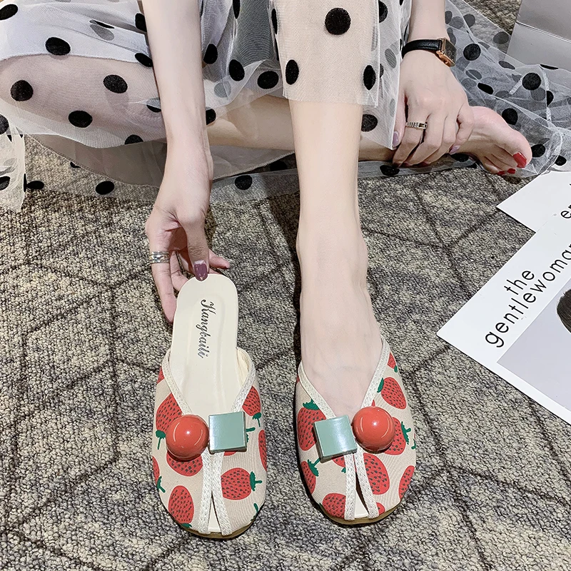 Women Mules Closed Toe Cloth Shoes Round Toe Backless Casual Flat Slippers Comfortable Slip on Print Color Summer Beach
