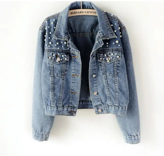 

2021Pearl Beaded Short Denim Jacket Women's Long Sleeve Fashion Retro Casual Jacketdenim Plus Size Spring Autumn Jacket