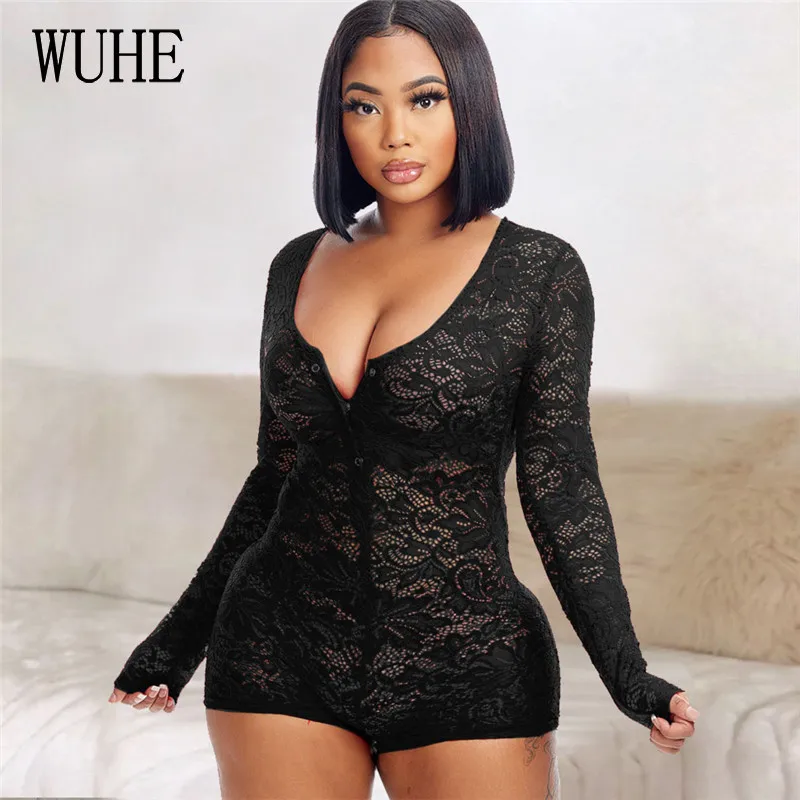 

WUHE Lace Sexy Rompers Hollow Out Deep V Neck Button Up Long Sleeve Package Hip Nightclub Vintage Party Streetwear Bodycon