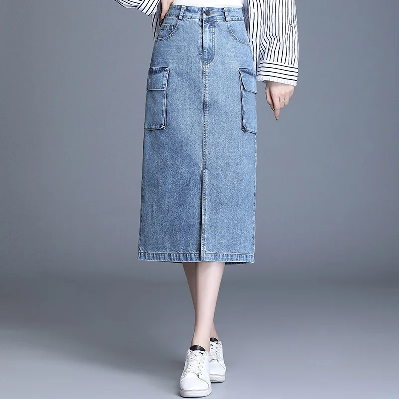 Женская Облегающая джинсовая юбка с высокой талией Корейская длинная офисная