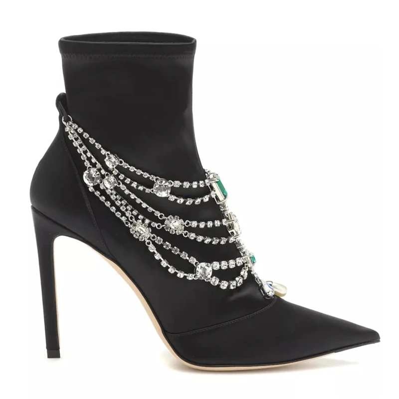 Scarpe donna/женские ботильоны; зимняя шелковая женская обувь на высоком каблуке 10,5 см с острым носком, украшенная кристаллами и цепочкой; зимняя обувь; Zapatos De Mujer