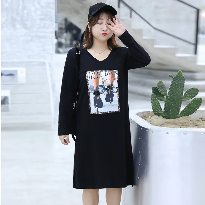 

2021 fashion plus size women's spring loose slim turtleneck printed dress fashion skirt