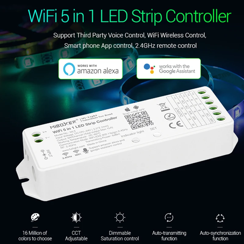 

MiBOXER 5 IN 1 LED Controller WL5 2.4G WiFi 15A Single color,CCT,RGB,RGBW,RGB+CCT Led Strip dimmer Support Amazon Alexa Voice