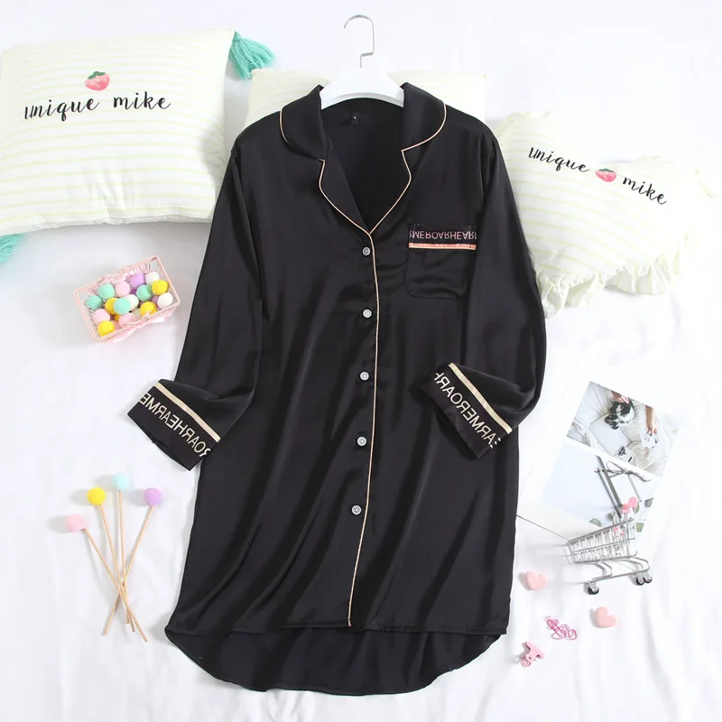 

Faux Silk Blue Sleep Shirt Women New Nightgown Summer Spring Sleepwear Long Sleeve Sleep Dress Femme Lapel Nightshirt Home Wear