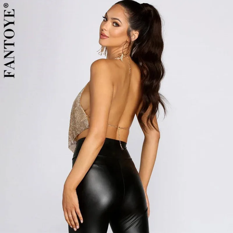 

FANTOYE Shining Halter Irregular Backless Metal With Diamond Camis Women Sexy V-Collar Sleeveless Top Clubwear Ladies Camisole