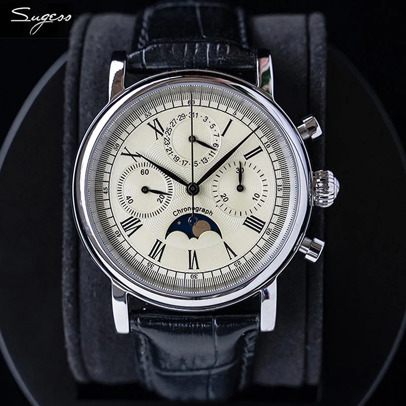 Orologio Automatico Sugess Для мужчин двигаться t Seagull1963 Moonphase наручные часы с ручным заводом s