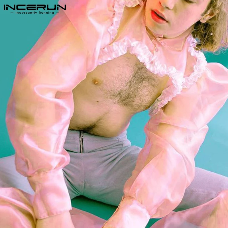 

Men Shirt Solid Mesh See Through Ruffle Lapel Long Sleeve Sexy Irregular Crop Tops Men 2022 Streetwear Party Camisas INCERUN 5XL