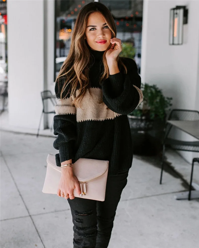 Fitshinling Patchwork Winter Women's Turtleneck Sweaters Pullovers Knitwear Lantern Sleeve Slim Jumper Holiday Casual Pull Femme | Женская