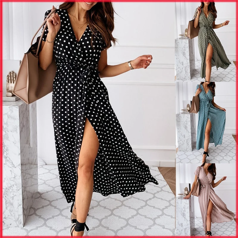 

Women Dresses Summer 2021 Fashion Sexy V-Neck Polka Dot Print Split Boho Dress Women Clothing Casual Beach Vacation Long Dresses