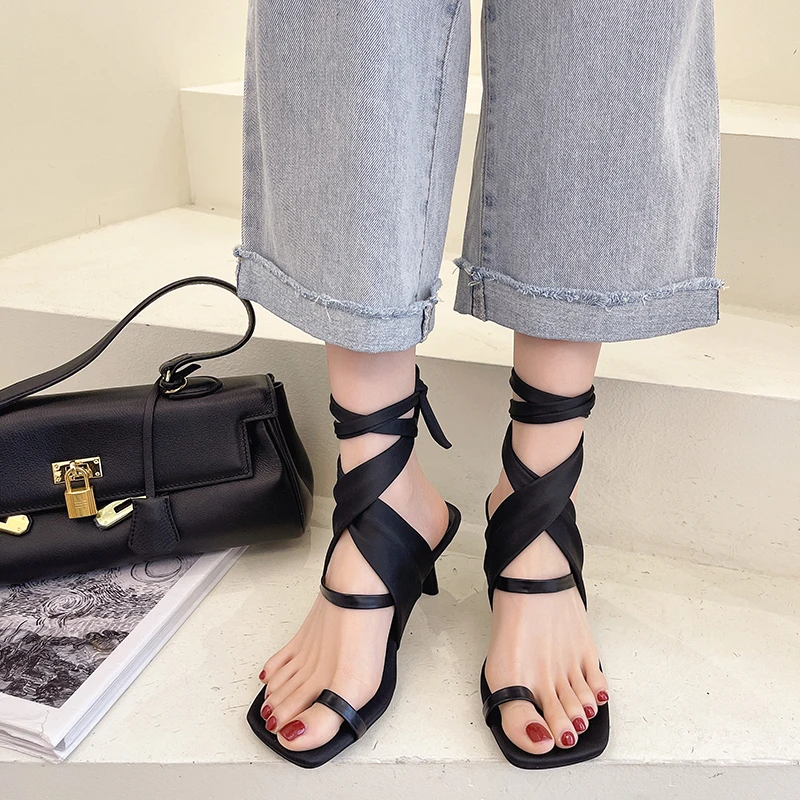 

Retro Niche Sandals Summer New Style Square Toe Stiletto Roman Shoes Temperament High Heel Women's Shoes