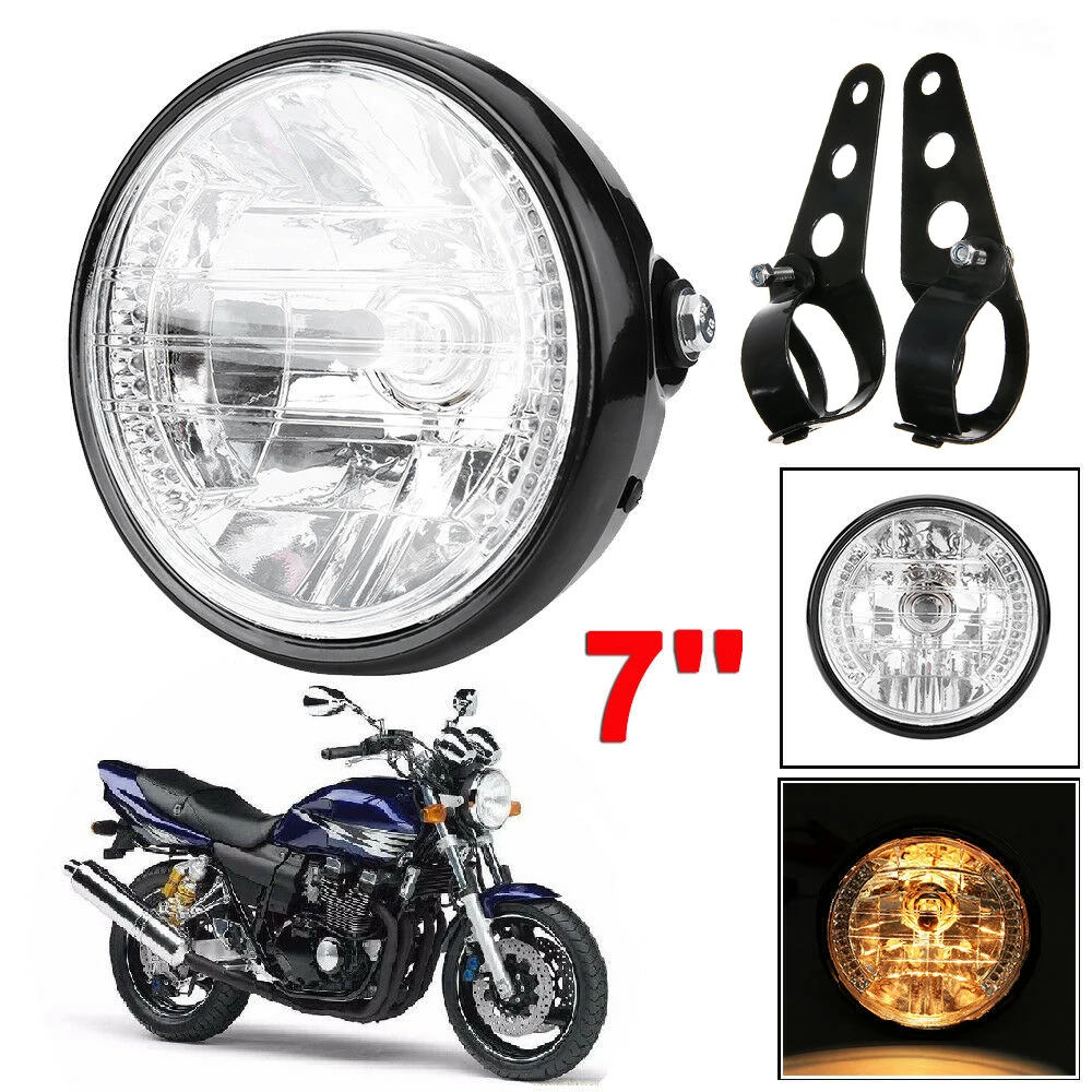 

7" Motorcycle Bike Round Headlight LED Turn Signal Light with Black Bracket Mount 12v Head Lamp For Harley Bobber Honda Yamaha