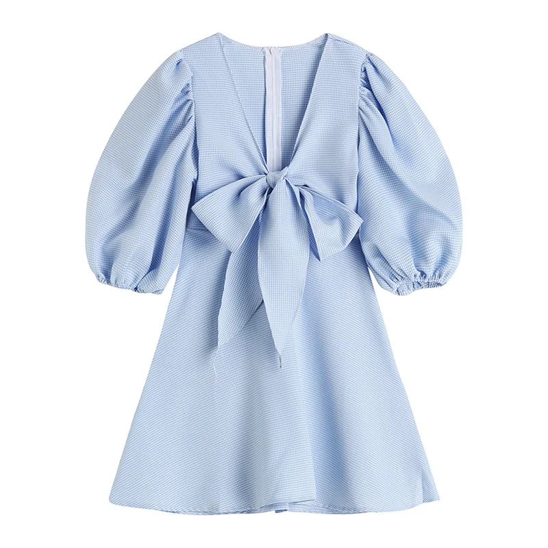 

Puff Short Sleeve Mini Dress For Women's Summer 2021 Sexy V-Neck Bow Tie Blue Plaid Party Dresses Female Streetwear Fashion New
