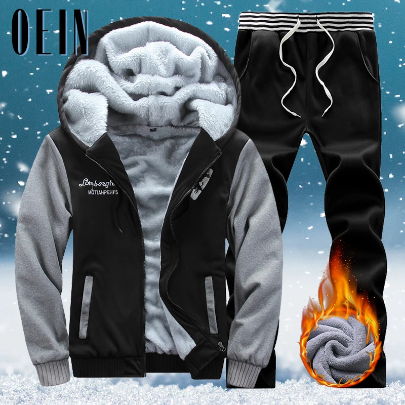 

OEIN Winter Fleece Hoodie Sets Men 2021 New Casual Warm Sweatshirts Male Thicken Tracksuit 2PC Jacket+Pant Men Moleton Masculino