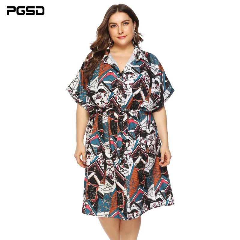 

PGSD 2020 Summer Fashion Plus Size Retro Style Printing Shirt Dress Bandage Loose Short-Sleeved Casual Women Clothes 4XL Female
