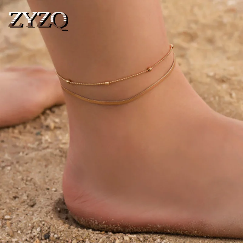 Модные ножные браслеты ZYZQ со змеиной цепочкой для женщин двухслойные пляжные