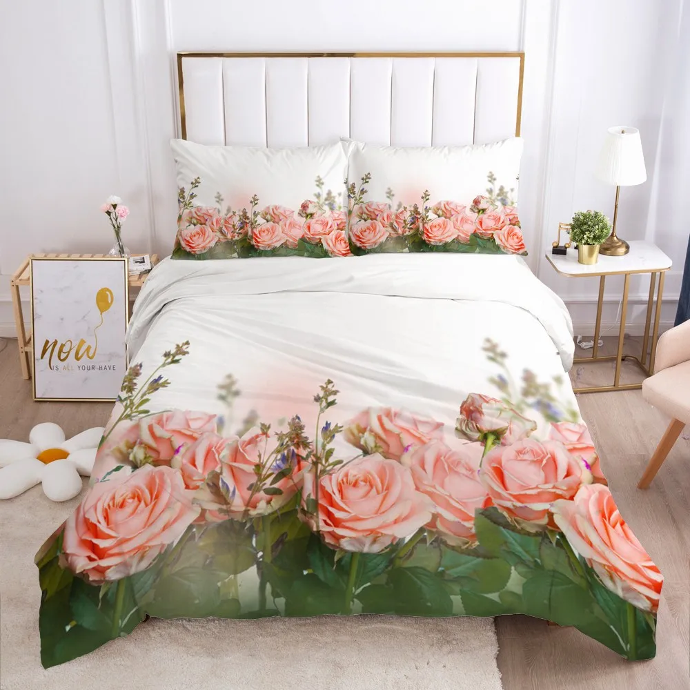 

3D Duvet Cover Set Bedding Sets Comforter Cases Pillow Covers Double Single Twin King Queen Size Flowers Design Green Bedclothes
