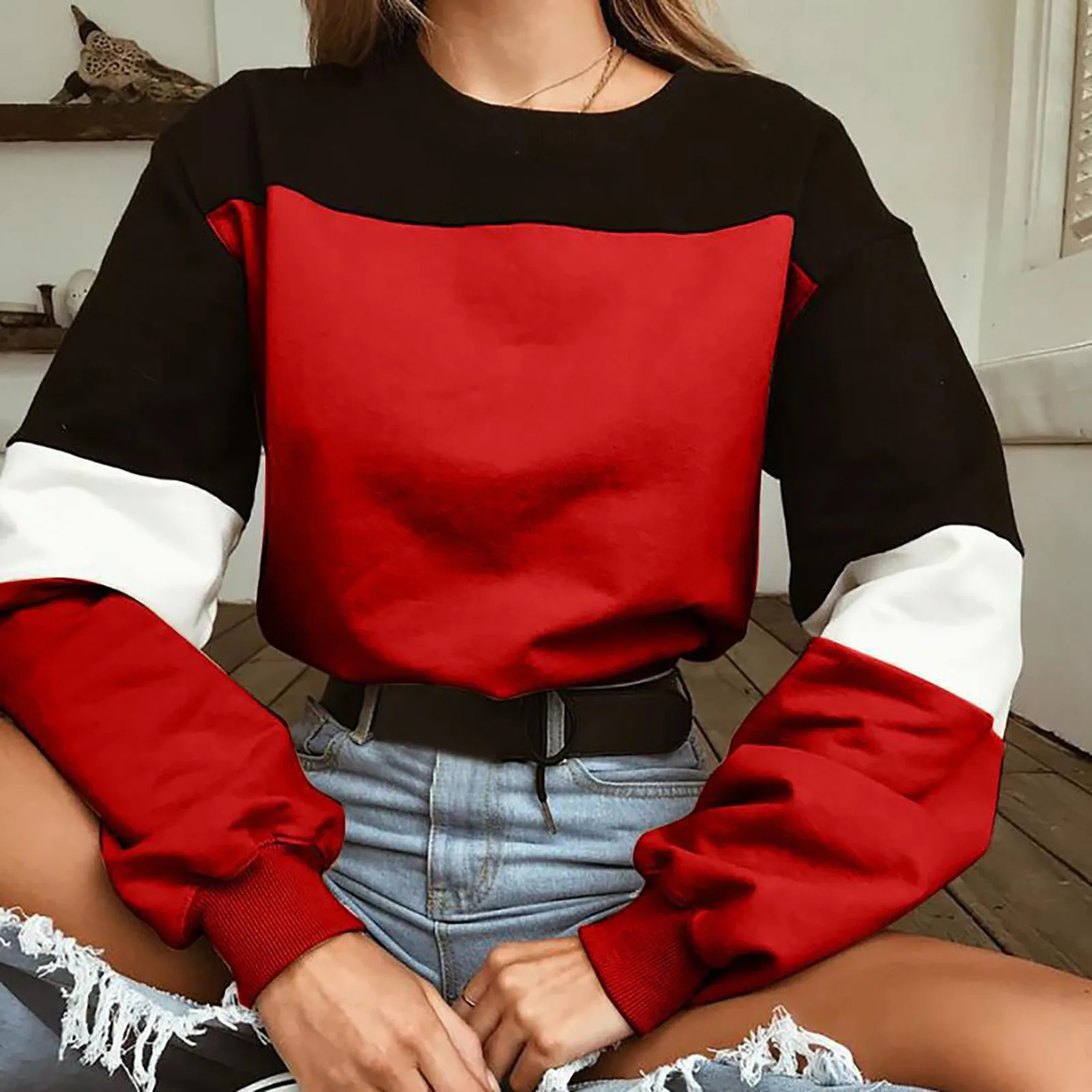 

2021 Autumn Winter Women Harajuku Women's Fashion O- Neck Contrast Long Sleeve Top Corded Cool anime hoodie plus size hoodies