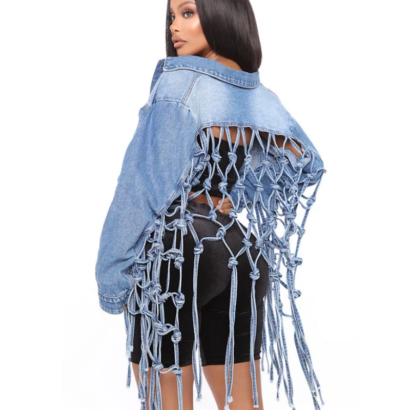 

Women Denim Bomber Jacket Hollow Mesh Spliced Fringed Backless Jeans Coat Tie Tassels Cardigan Single-breasted Crop Tops Chaketa