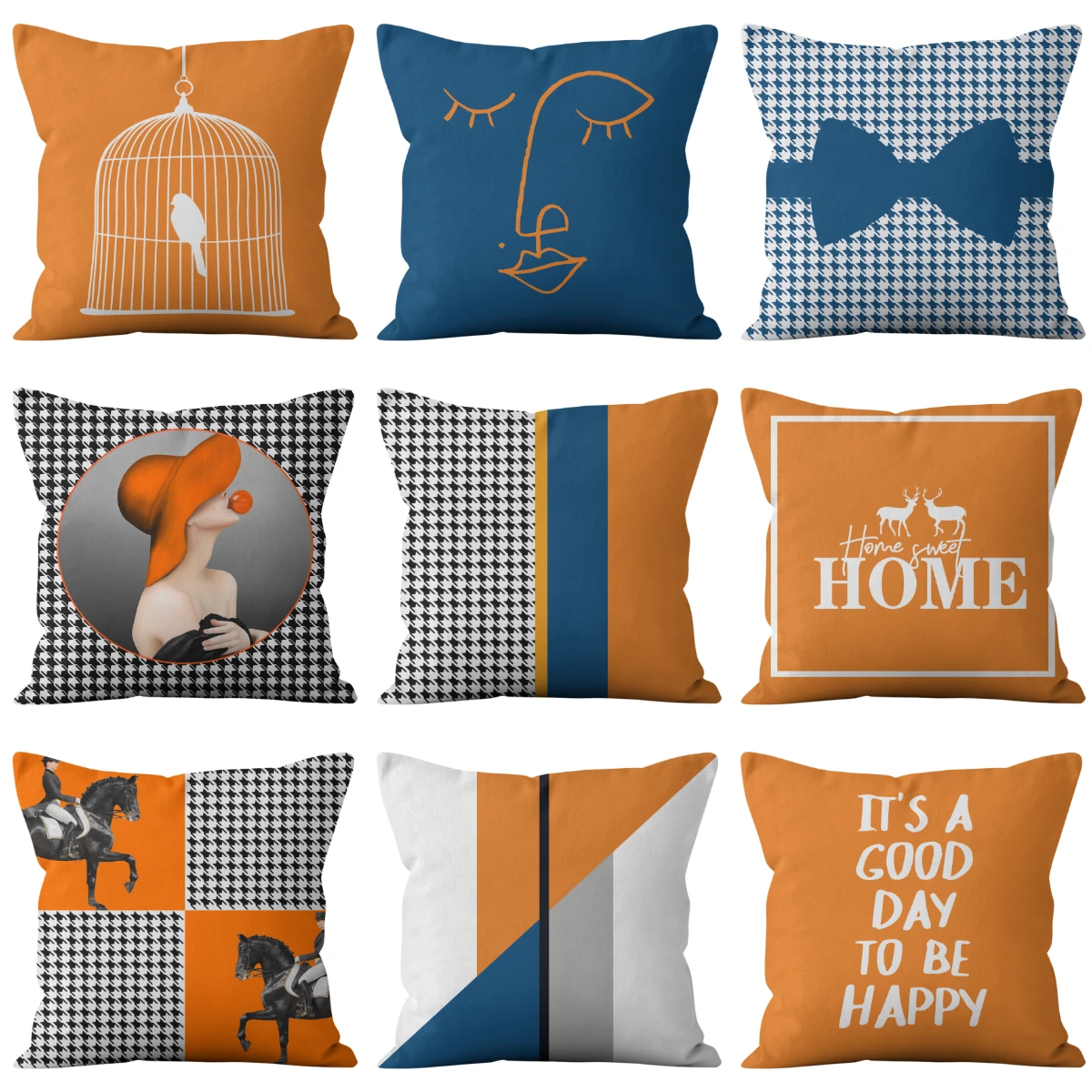 

Nordic Fashion Abstract Patterns Blue Orange Cushions Case Hot Swallow Grids Texture Print Pillows Case Sofa Chairs Home Decor