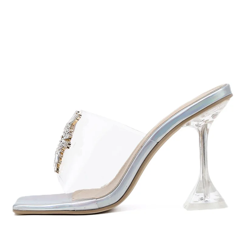 

PVC Transparent Crystal Sun Flowers Buckle Womens Slippers Summer Square Toe Ladies Strange High Heels Sandals Shoes Drop Ship