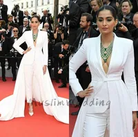 Stylish White Jumpsuit Evening Dress Long Sleeve Deep V Neck Prom Dress With Overskirt Train Pant Suit Red Caprt Celebrity Gown