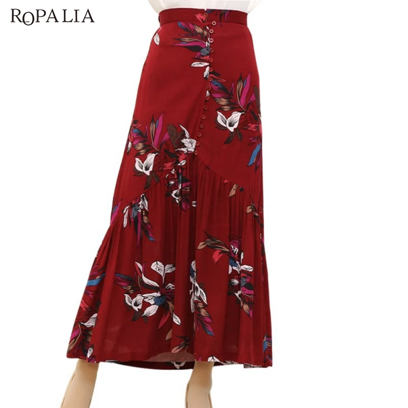 2020 женская летняя юбка с высокой талией и принтом в стиле бохо Длинная разрезом