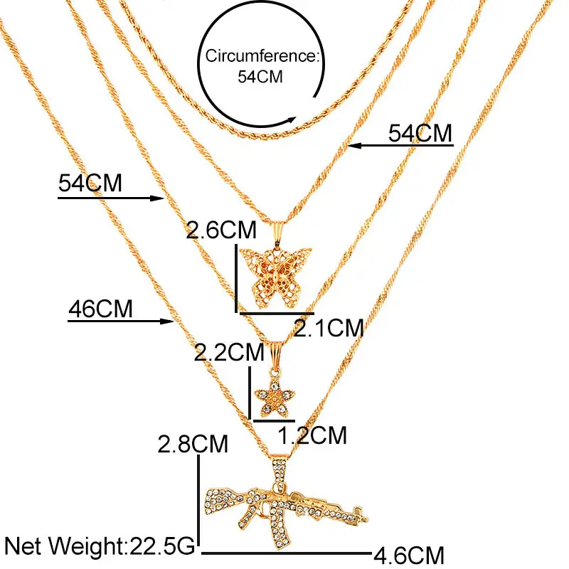 

Punk Crystal AK-47 Gun Pendant Necklaces Cute Flower Butterfly Multilayer Rhinestone Gold Color Chain Necklaces Women Jewelry