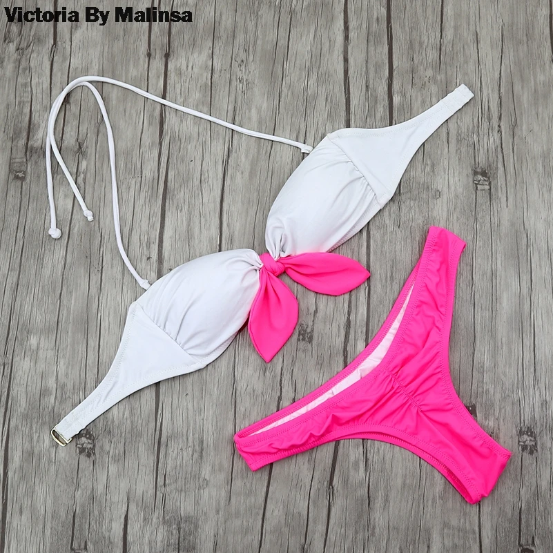 Summer Women Bikini Sets Bikini Mix top or Bottom White Bow Biquini  Womens Swimming Sexy Secret Pink cheeky bottom Beachwear