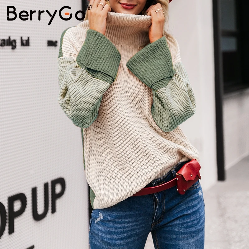 BerryGo водолазкаПовседневная пуловер джемпер Лоскутная водолазка женские с длинным рукавом корейский пуловер джемпер Уличная женская одежда свитер