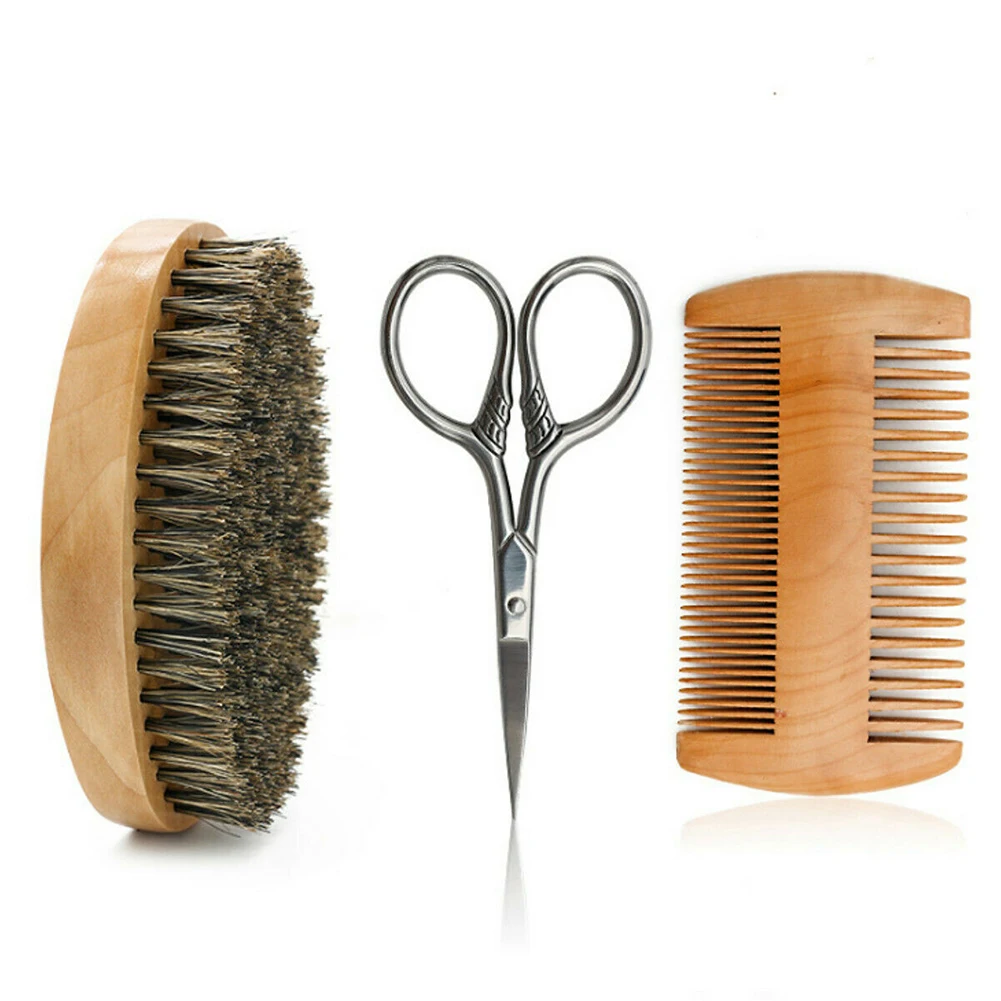 

4pcs Manual Salon Handheld Tool Barber Shop Brush Comb Home Mustache Styling Shaving Scissor Beard Trimming Kit Grooming Goatee