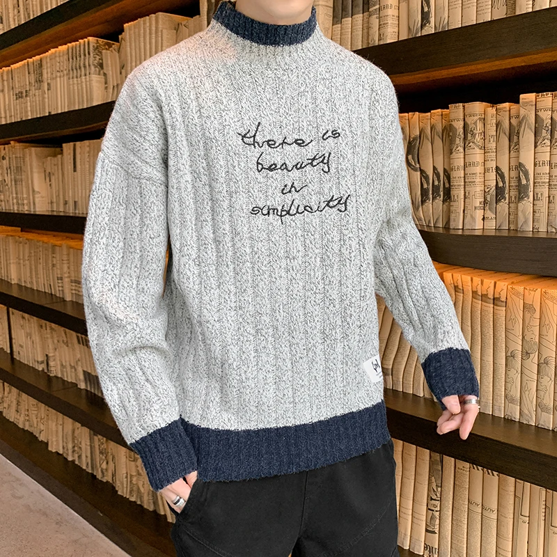 

Letters Printed Slim Fit Knitted Pullover Streetwear Autumn Winter Turtleneck Sweater Long Sleeve Korean Type Men Clothing M-XXL