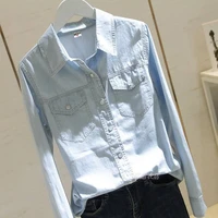 new spring autumn women long sleeve turn down collar denim shirts double pocket all matched casual blouse top quality s304