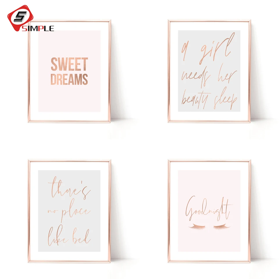 

Rose Gold Wall Art Sweet Dream Quote Posters and Prints Goodnight Lashes Canvas Painting Scandinavian Luxury Pictures Home Decor