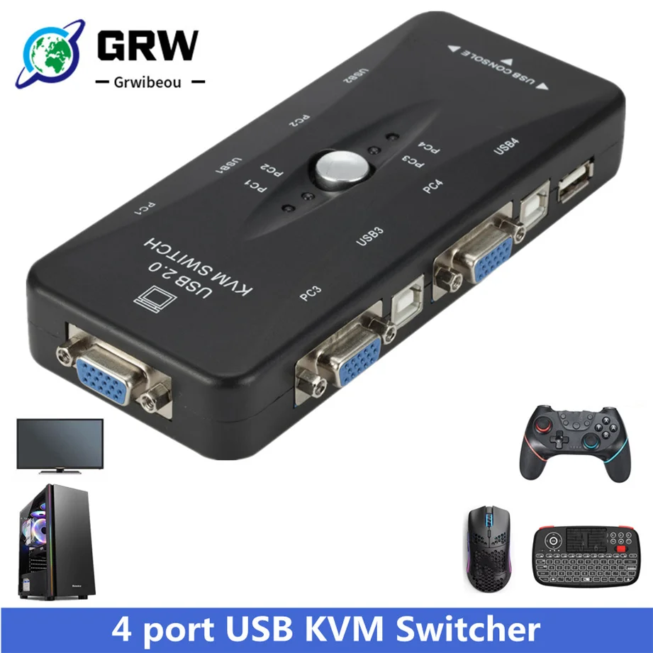 

VGA 4 port kvm switch USB 2.0 VGA Splitter Printer Mouse Keyboard Pendrive Share Switcher 1920*1440 VGA Switch Box Adapter