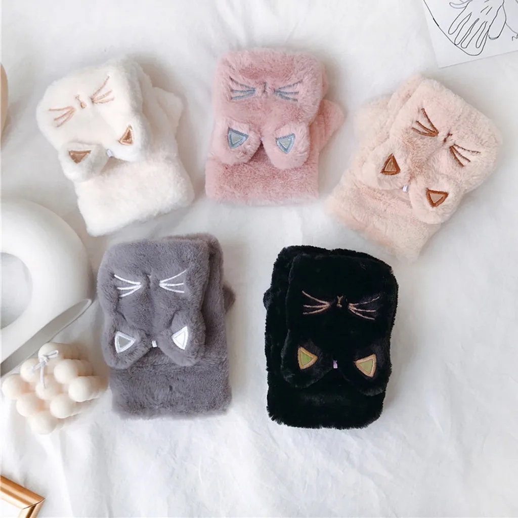 

Cute Cat Fashion Women Winter Mittens Lovely Warm Flip Over Glove Thickening Cat Comfortable Plush Mittens Fingerless Gloves