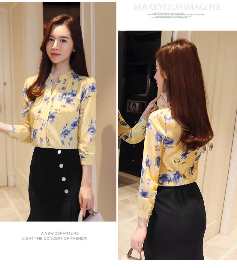

Houthion Silk Women's Blouses Long Sleeve Tops Casual New Korean Summer Blouse Chiffon Shirts Fashion Printed