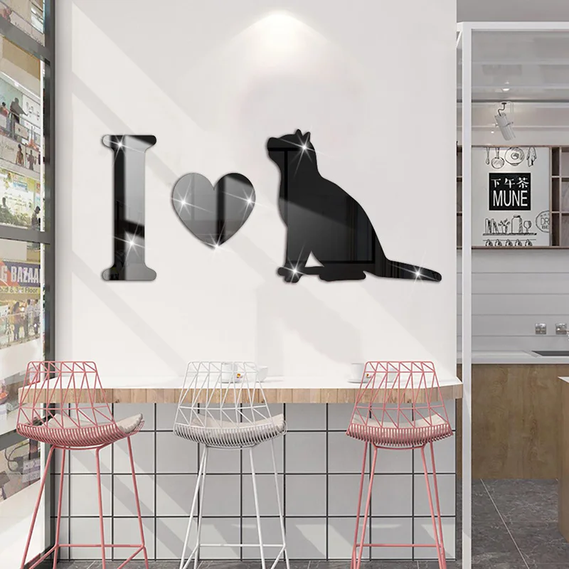 

I Love Cat 3D Cartoon Mirror Acrylic DIY Combination Home Wall Sticker Black and Gold Mirror for Living Room Background Wall