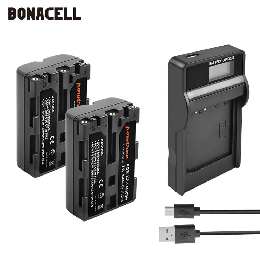 Bonacell 2400 мА/ч, NP-FM500H NP FM500H NPFM500H Камера Батарея+ ЖК-дисплей Зарядное устройство для sony A57 A58 A65 A77 A99 A550 A560 A580 Батарея L50 - Цвет: 2X Battery Charger