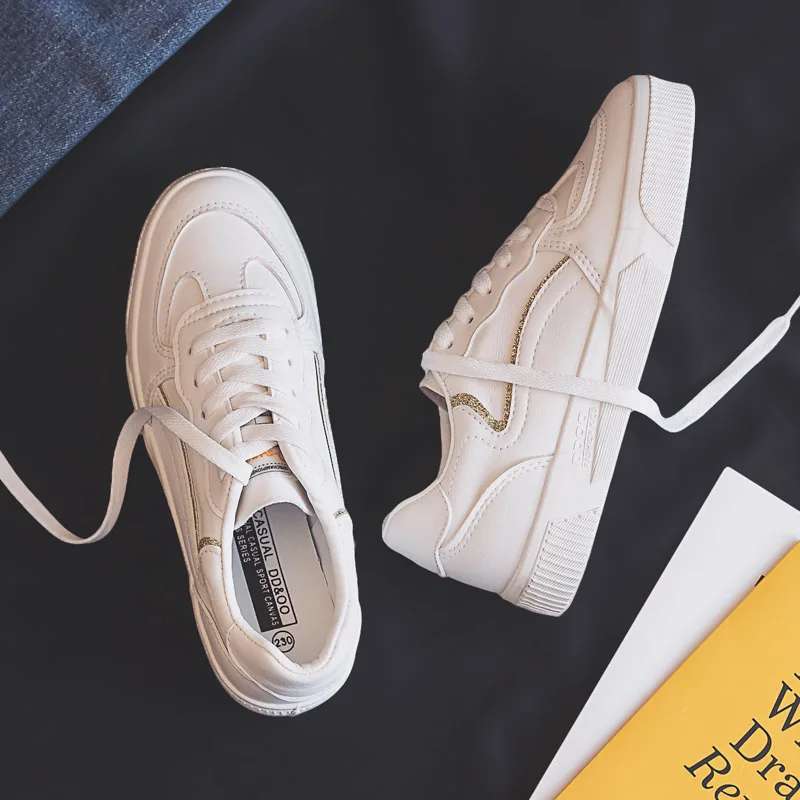 

Women Vulcanize Shoes New Spring Breathable Fashion Breathable Leather Sneakers White Shallow Flat Sports Shoes Women