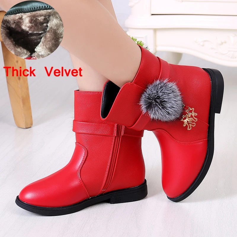 Thick Velvet Red Детские зимние ботинки; нескользящие ботинки для принцессы для девочек; сезон осень-зима; Новинка года; модные детские ботинки; бархатные теплые ботинки - Цвет: Thick Velvet Red