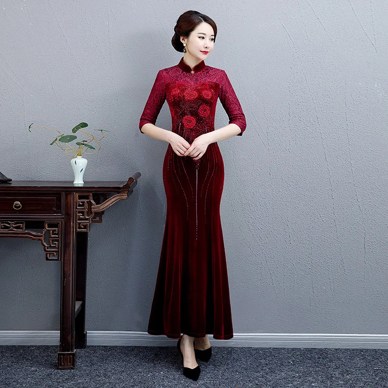Осень/зима рыбий хвост юбка платье ретро, Национальный стиль мать cheongsam длинная Вышивка Горячая алмаз Улучшенный китайский платье