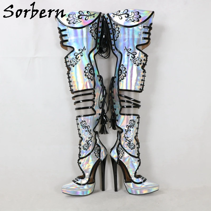 Sorbern Embroider Mid Thigh Boots Women Holo Silver High Heel Stilettos Fetish Shoes Fetish Over the Knee Boots For Drag Queen