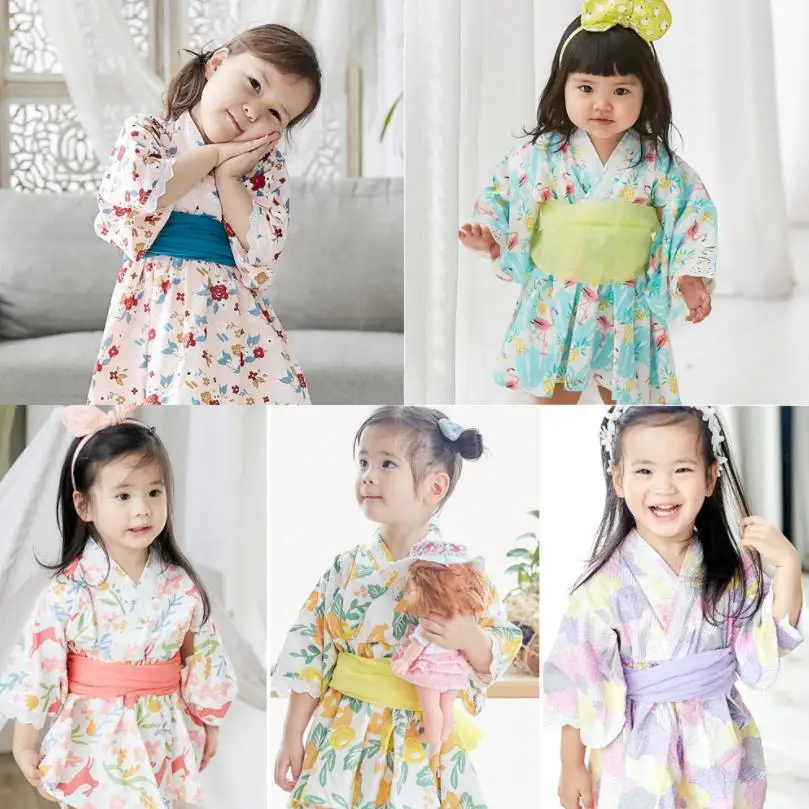 

2020 Baby Girl Rompers Japanese Style Kawaii Girls Floral Print Kimono Dress for Kids Costume Infant Yukata Asian Clothes Y2746