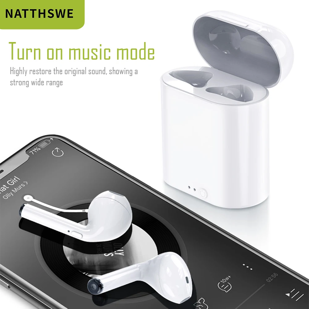 NATTHSWE беспроводные Bluetooth наушники i7s Tws стерео бас Спортивная гарнитура с зарядным