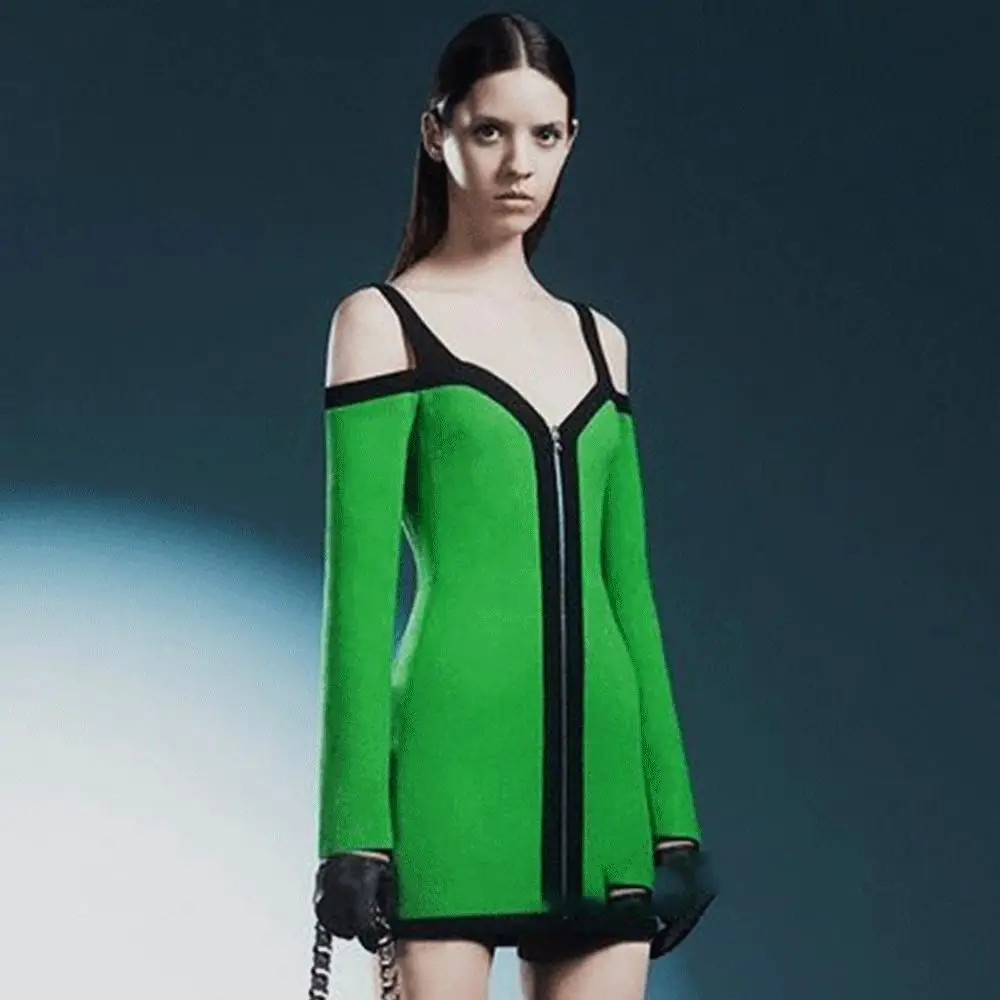 

Женское облегающее платье на молнии, элегантное зеленое платье с длинным рукавом в стиле пэчворк, вечернее облегающее платье знаменитости, 2021