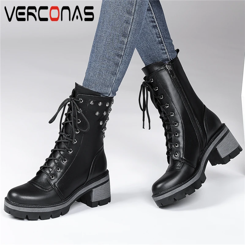

VERCONAS Popular Fashion Women Mid-Calf Boots Cool Rivet Genuine Leather Shoes Woman New Arrival Platforms Motorcycle Boots
