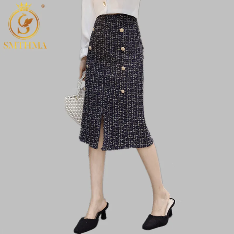 Корейская женская твидовая юбка Длинная Элегантная трапециевидная женские