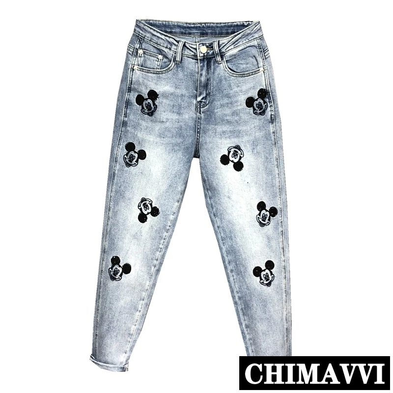 

Cool Mickey Embroidery Hot Drilling Jeans Long Trousers New Spring Women's High-waist Loose-Fit Denim Pants Skinny Harem Pants