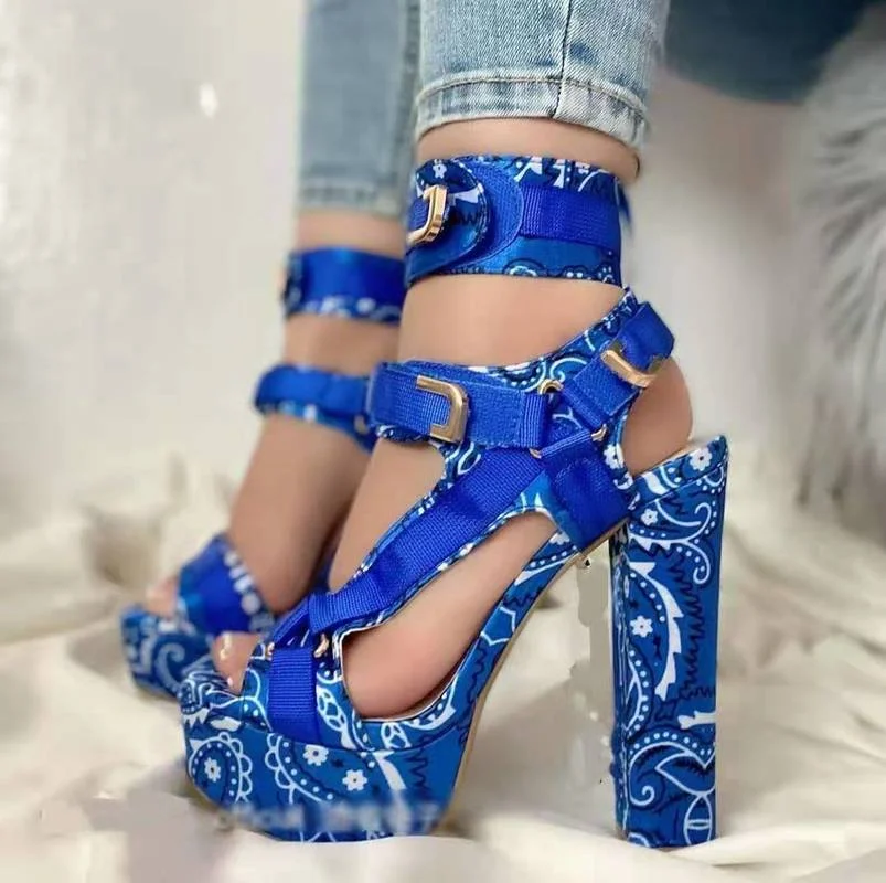 

Big Size 43 Women Sandals High Heels Shoes Fashion Printing Womens Pumps Sandals Coarse Heel Buckle Sandals 2021 Lolita Shoes