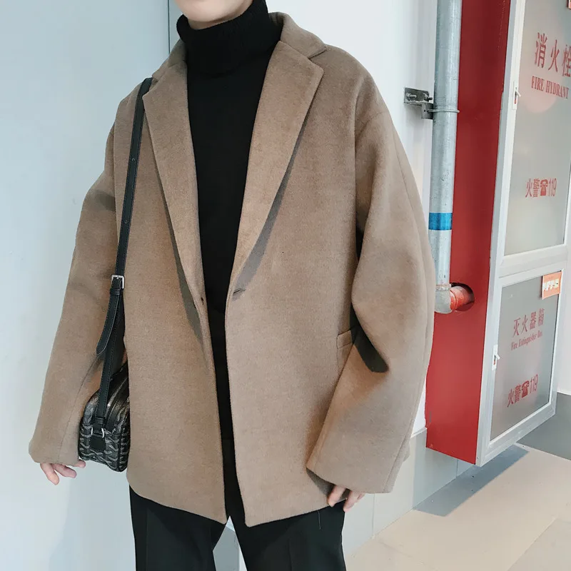 Winter Short Woolen Coat Men Fashion Solid Color Casual British Wind Woolen Jacket Man Loose Cotton Thick Woolen Overcoat Male
